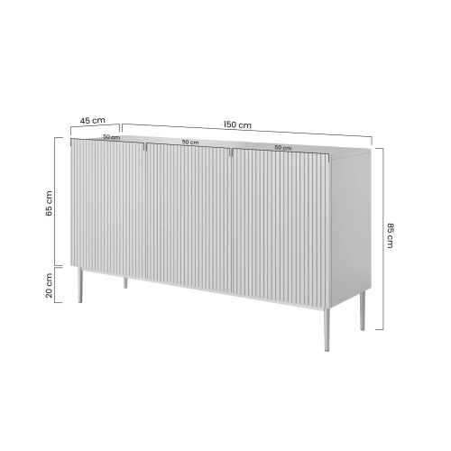 Komoda Nicole 150 cm trzydrzwiowa z ryflowanym frontem - kaszmir / złote nóżki